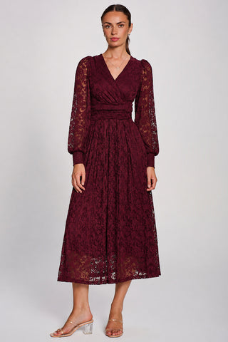 Long Sleeve Printed Lace Maxi Dress, Burgundy