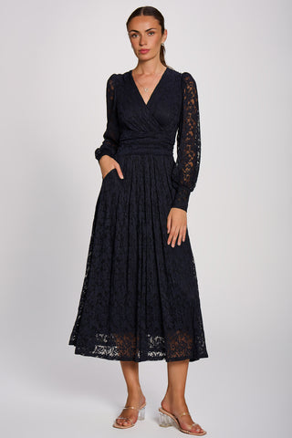 Long Sleeve Printed Lace Maxi Dress, Navy