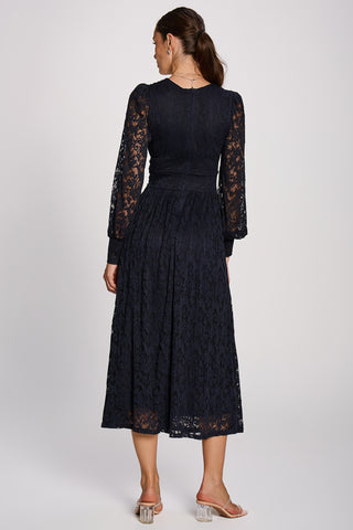 Long Sleeve Printed Lace Maxi Dress, Navy