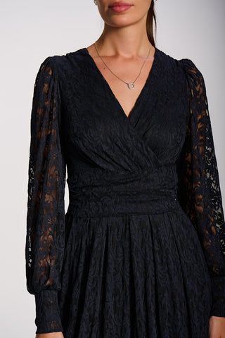 Long Sleeve Printed Lace Maxi Dress, Navy