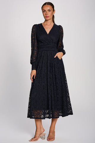 Long Sleeve Printed Lace Maxi Dress, Navy