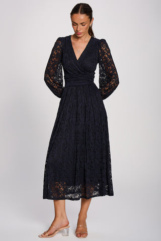 Long Sleeve Printed Lace Maxi Dress, Navy
