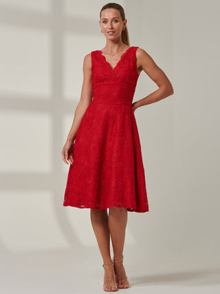 Scalloped V-Neck 50's Lace Dress, Red