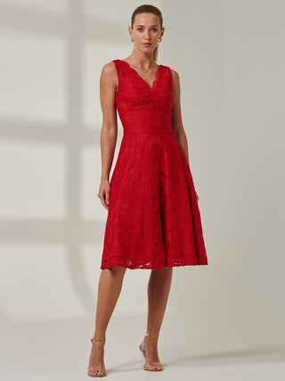 Scalloped V-Neck 50's Lace Dress, Red