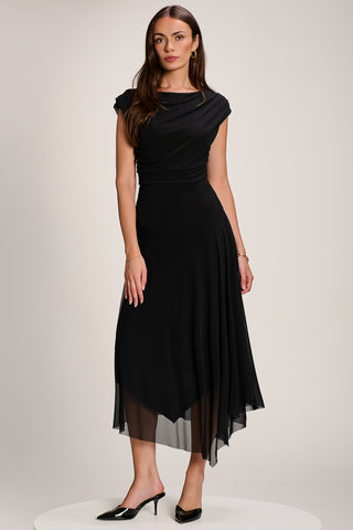 Asymmetrical Draped Mesh Maxi Dress, Black