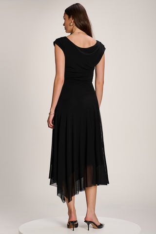 Asymmetrical Draped Mesh Maxi Dress, Black