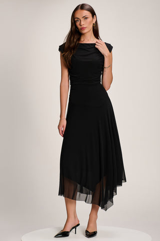 Asymmetrical Draped Mesh Maxi Dress, Black