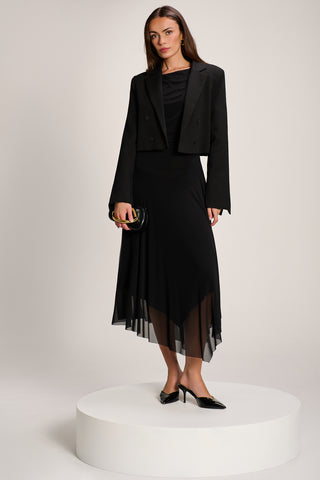 Asymmetrical Draped Mesh Maxi Dress, Black