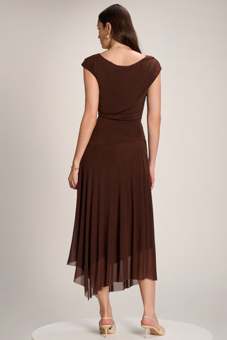 Asymmetrical Draped Mesh Maxi Dress, Brown