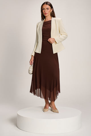 Asymmetrical Draped Mesh Maxi Dress, Brown