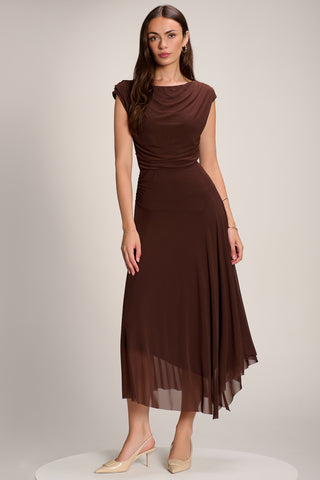 Asymmetrical Draped Mesh Maxi Dress, Brown