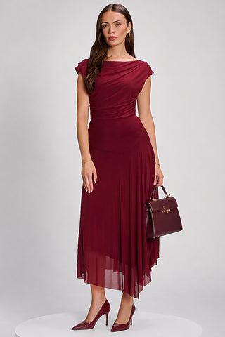 Asymmetrical Draped Mesh Maxi Dress, Red