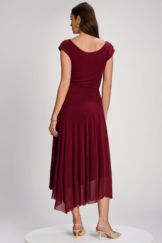Asymmetrical Draped Mesh Maxi Dress, Red
