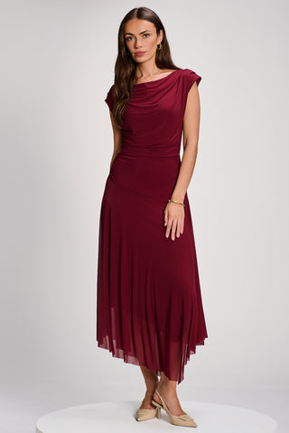 Asymmetrical Draped Mesh Maxi Dress, Red