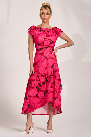 Draped Asymmetric Jersey Midi dress, Red Abstract