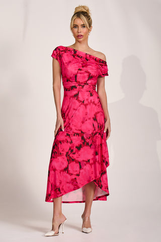 Draped Asymmetric Jersey Midi dress, Red Abstract