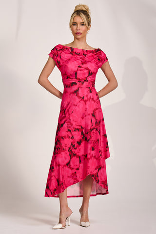 Draped Asymmetric Jersey Midi dress, Red Abstract