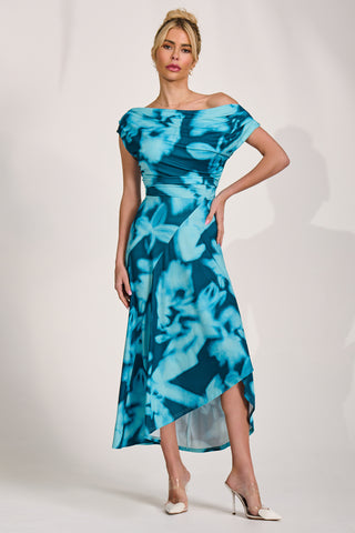 Draped Asymmetric Jersey Midi dress, Teal Abstract