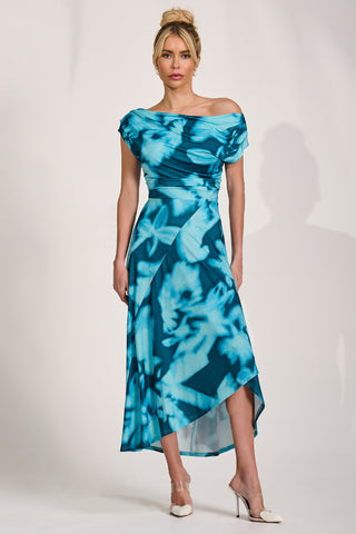 Draped Asymmetric Jersey Midi dress, Teal Abstract