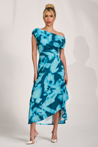 Draped Asymmetric Jersey Midi dress, Teal Abstract