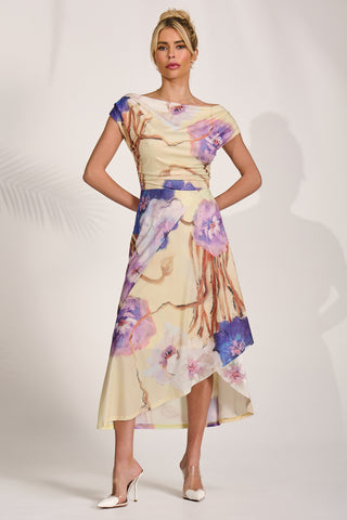 Draped Asymmetric Jersey Midi dress, Yellow Floral