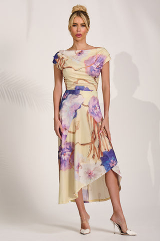 Draped Asymmetric Jersey Midi dress, Yellow Floral