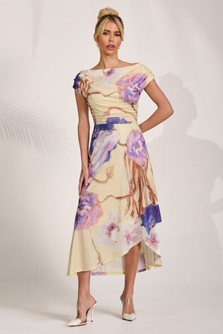 Draped Asymmetric Jersey Midi dress, Yellow Floral