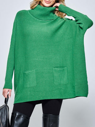 Roll Neck Pocket Front Knit Jumper, Green