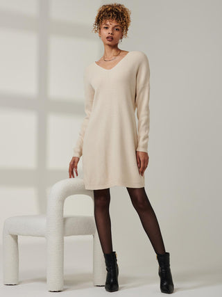 V-Neck Ribbed Knit Tunic Jumper, Beige Heather