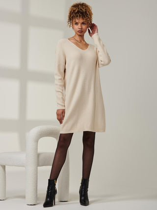 V-Neck Ribbed Knit Tunic Jumper, Beige Heather