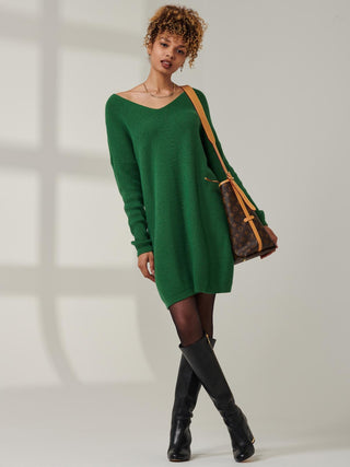 V-Neck Ribbed Knit Tunic Jumper, Green