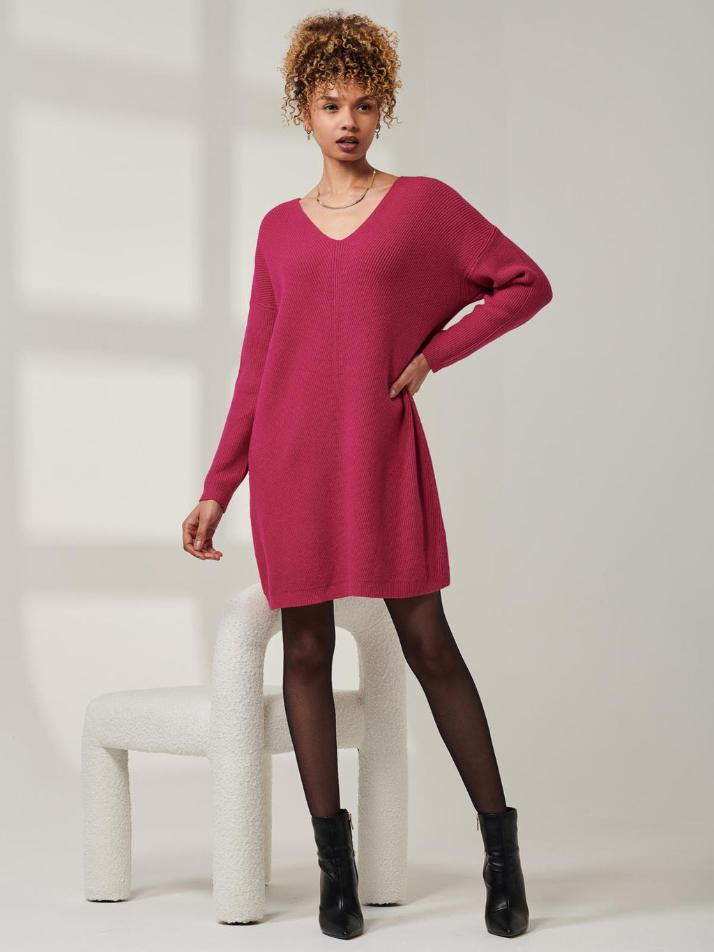 V-Neck Ribbed Knit Tunic Jumper, Raspberry – Jolie Moi Retail