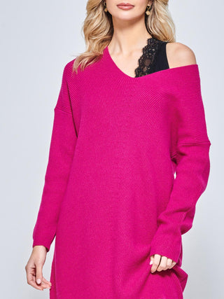 V-Neck Ribbed Knit Tunic Jumper, Raspberry