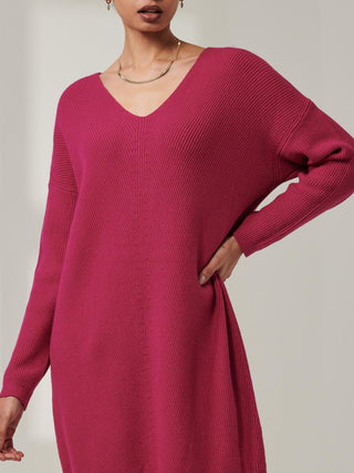 V-Neck Ribbed Knit Tunic Jumper, Raspberry