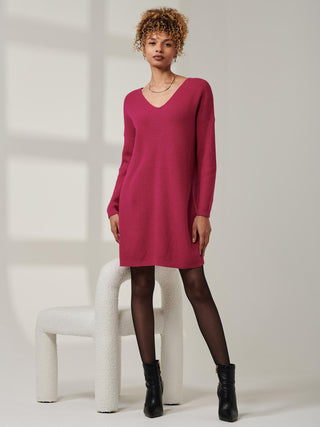 V-Neck Ribbed Knit Tunic Jumper, Raspberry