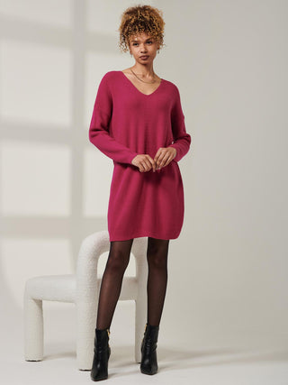 V-Neck Ribbed Knit Tunic Jumper, Raspberry