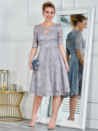 Fit & Flare Sleeved Lace Midi Dress, Silver Grey