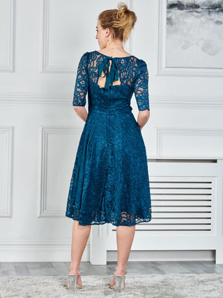 Fit & Flare Sleeved Lace Midi Dress, Teal