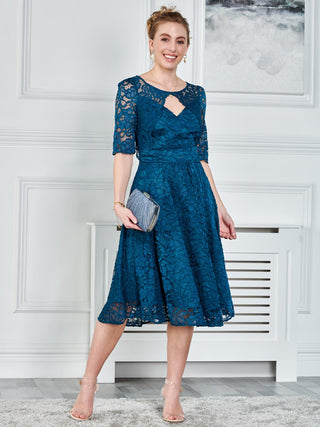 Fit & Flare Sleeved Lace Midi Dress, Teal