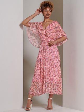 Kyra Pleated Chiffon Maxi Dress, Pink Abstract