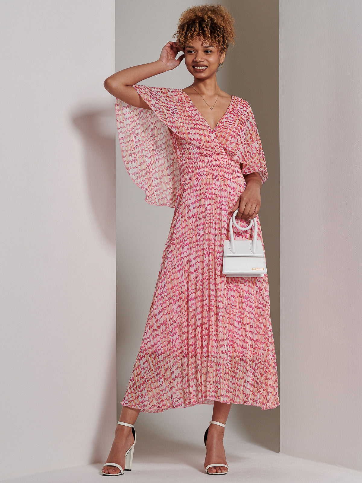Kyra Pleated Chiffon Maxi Dress, Pink Abstract – Jolie Moi Retail