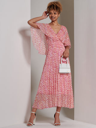 Kyra Pleated Chiffon Maxi Dress, Pink Abstract