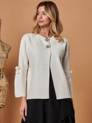 Button Bow Sleeve Knit Cardigan, Oatmeal