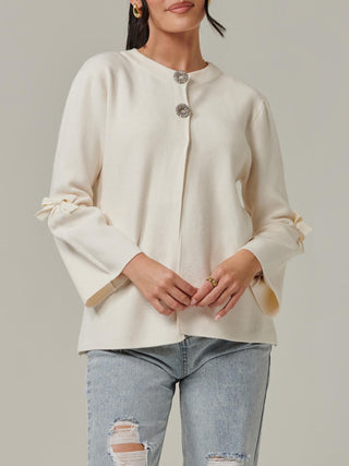 Button Bow Sleeve Knit Cardigan, Oatmeal