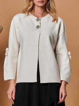 Button Bow Sleeve Knit Cardigan, Oatmeal