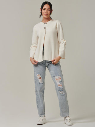 Button Bow Sleeve Knit Cardigan, Oatmeal