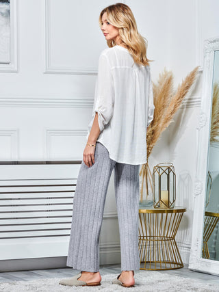 Ribbed Knit Wide Leg Trousers, Dove Heather