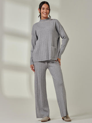 Ribbed Knit Wide Leg Trousers, Dove Heather