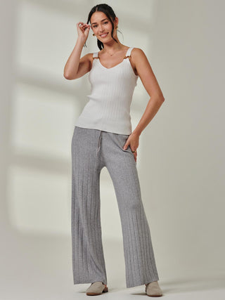 Ribbed Knit Wide Leg Trousers, Dove Heather