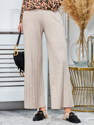 Ribbed Knit Wide Leg Trousers, Mink Heather